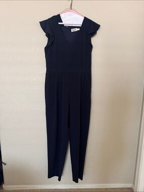Eliza J Navy V-Neck Ruffle Sleeve Jumpsuit